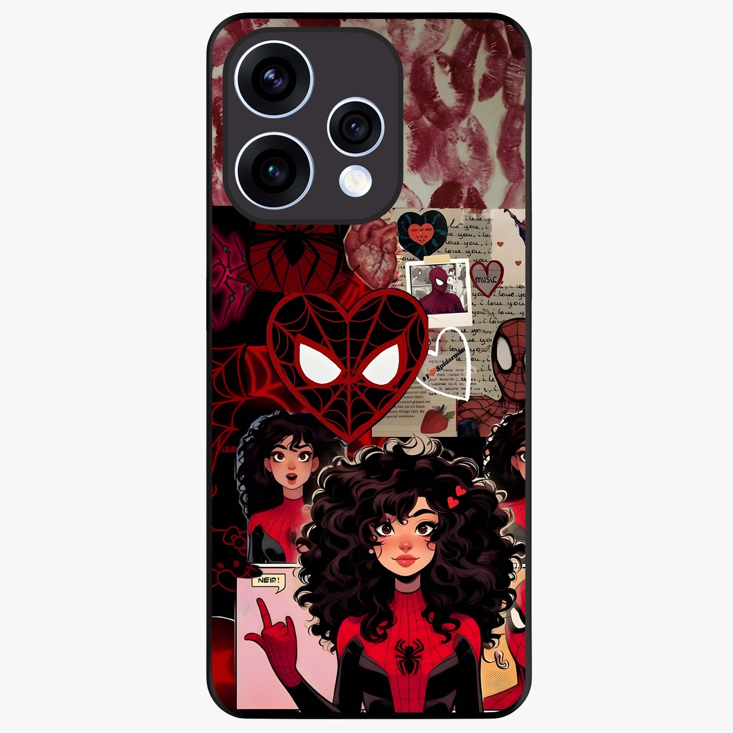 Spider Love Story Glass Case showing flat back view with romantic superhero themed artwork and glossy glass finish.