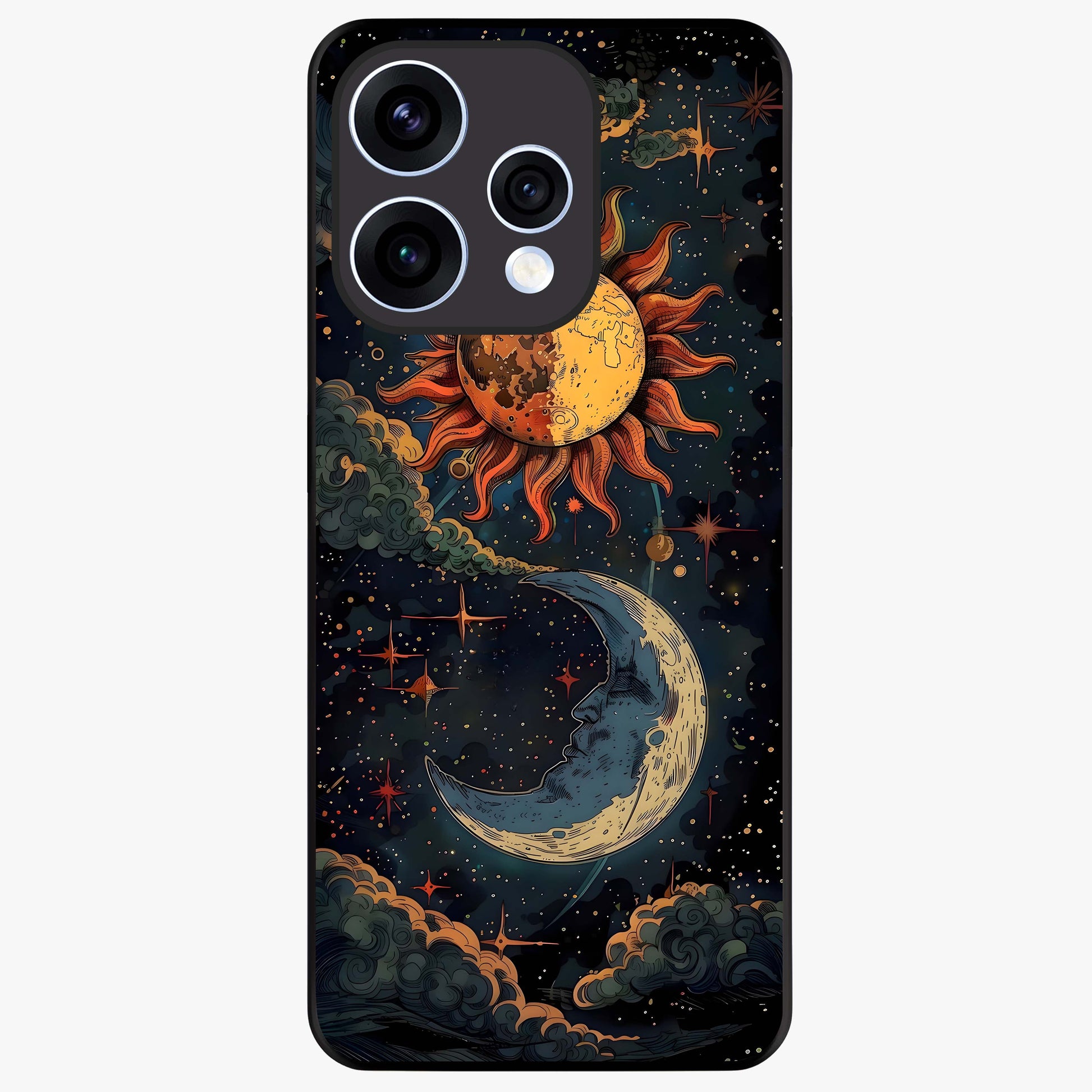 Sun And Moon Magic Design Glass Case showing flat back view with mystical sun and moon artwork and glossy glass finish.