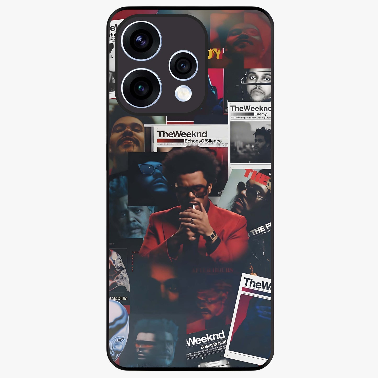 The Weeknd Glass Case showing flat back view with music inspired artistic portrait artwork and glossy glass finish.