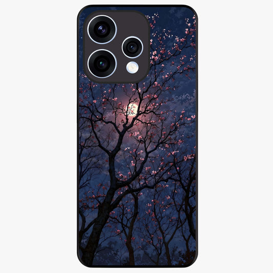 Twilight Sakura Serenade Glass Case showing flat back view with cherry blossom artwork at twilight and glossy glass finish.