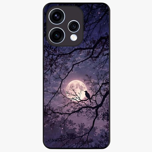 Whispering Moon Silence Glass Case showing flat back view with serene moon themed artwork and glossy glass finish.