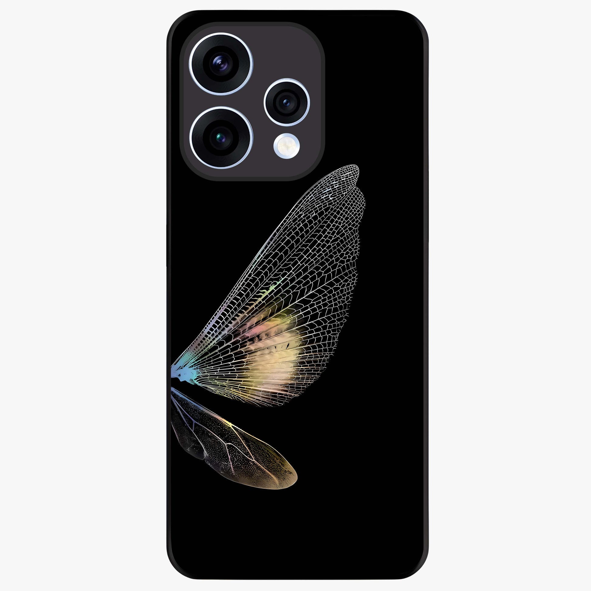 Whispers Of Wings Glass Case showing flat back view with graceful wing inspired artwork and glossy glass finish.