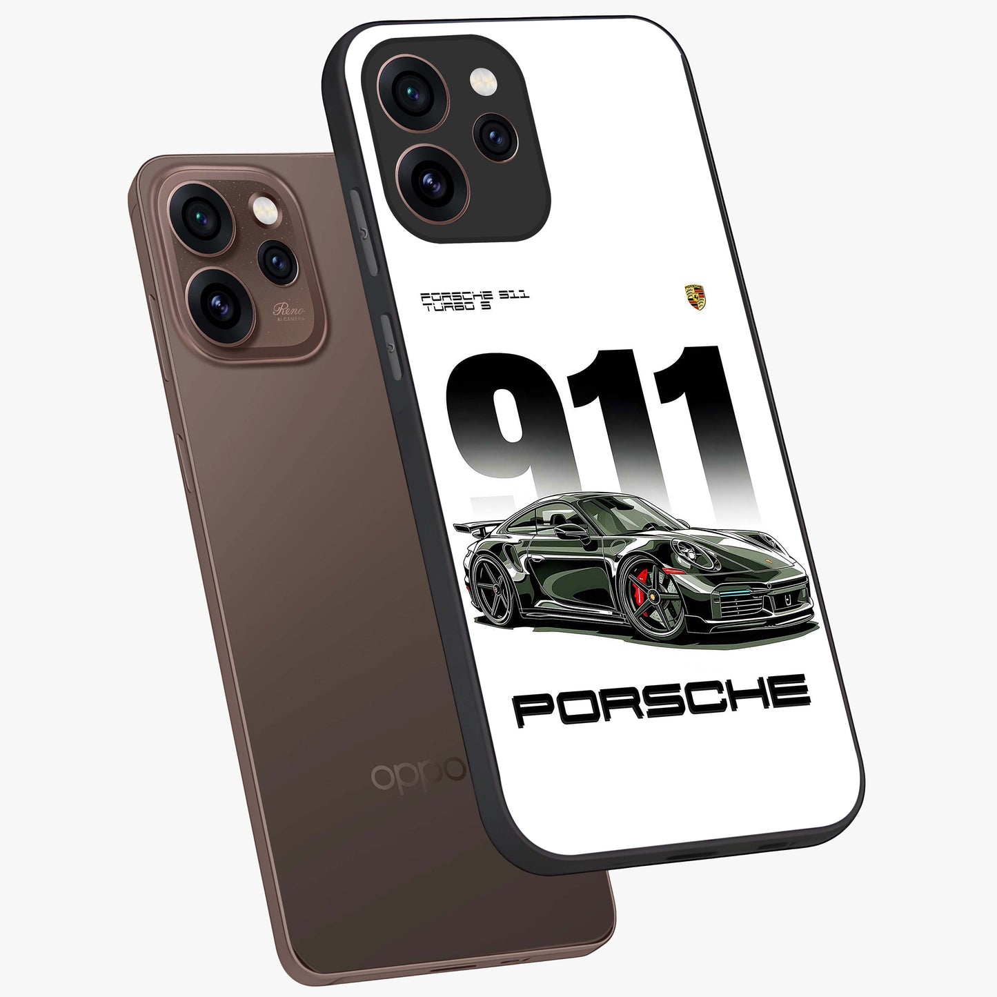 911 Turbo Dominance Glass Case displayed in premium angled mockup highlighting sporty car illustration and sleek glass surface.