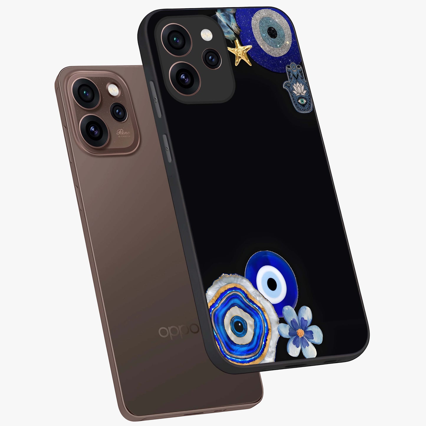 Aesthetic Blue Evil Eye Glass Case displayed in angled mockup highlighting blue evil eye symbol and spiritual aesthetic design.