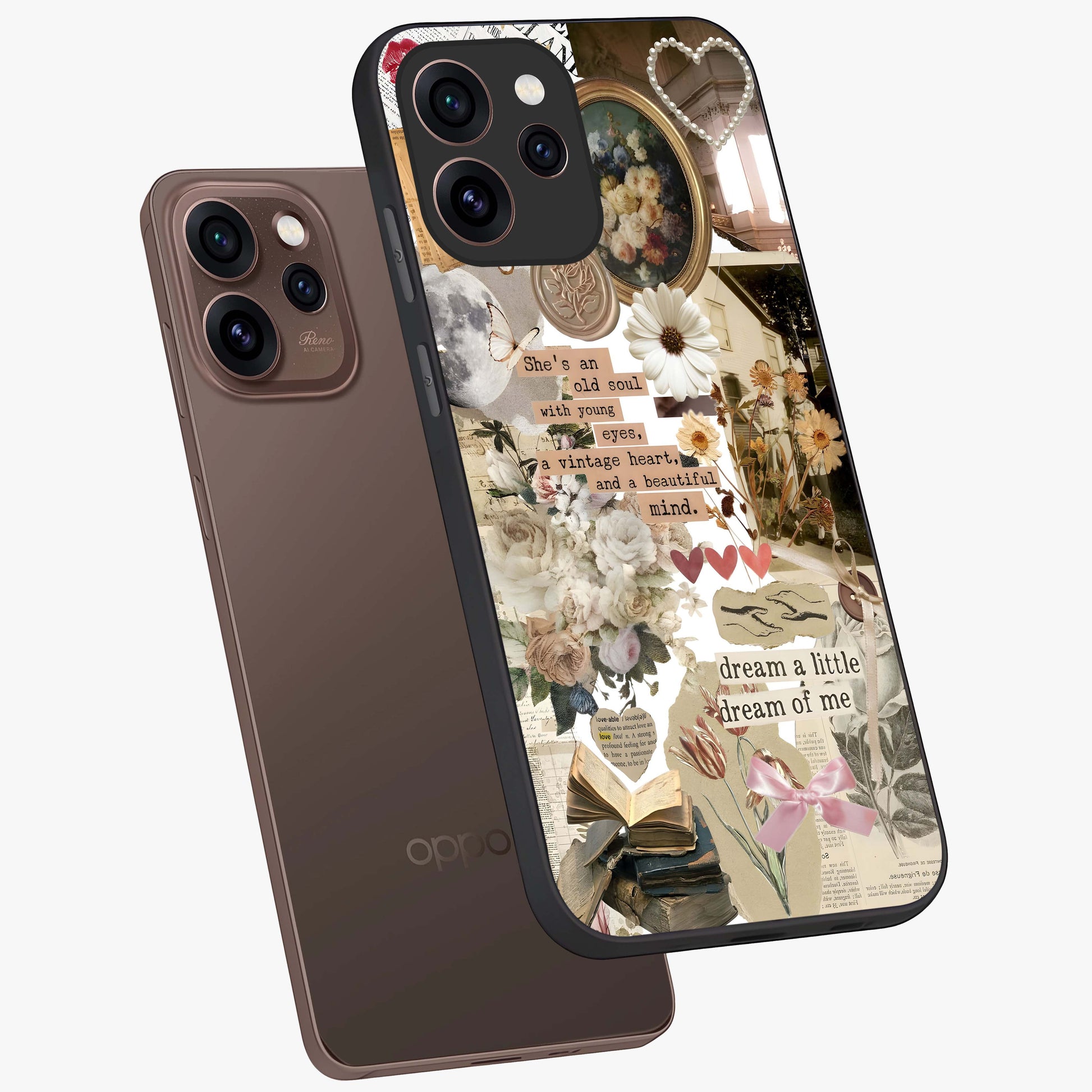 Aesthetic Brown Vintage Collage Glass Case displayed in angled mockup highlighting vintage aesthetic collage design.