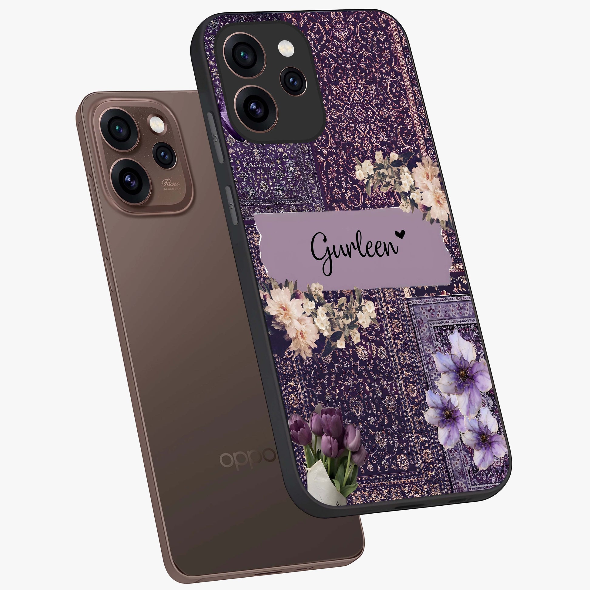 Antique Floral Whisper Custom Name Glass Case displayed in angled mockup highlighting elegant antique floral aesthetic.