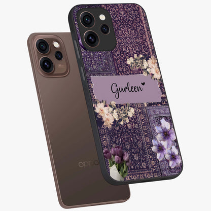 Antique Floral Whisper Custom Name Glass Case displayed in angled mockup highlighting elegant antique floral aesthetic.