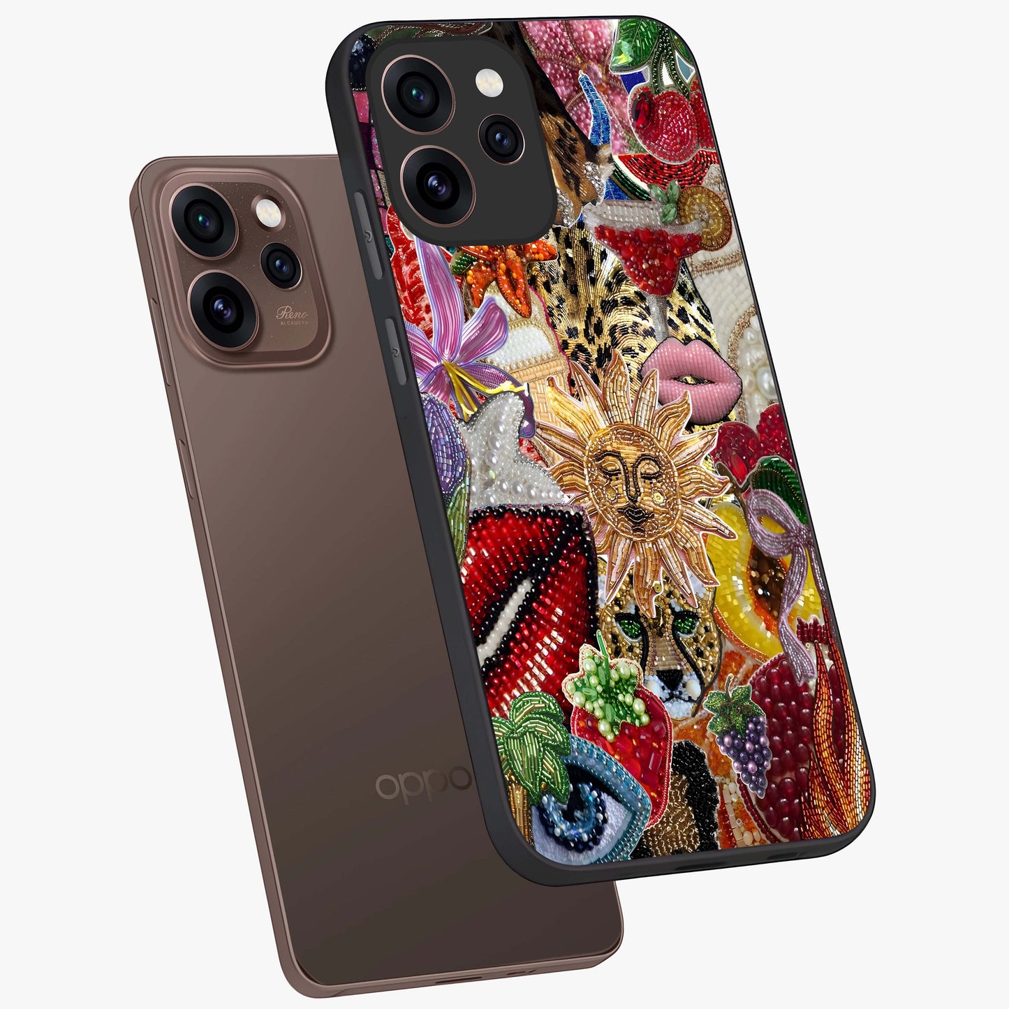 Beaded Fashion Jungle Glass Case displayed in angled mockup highlighting colorful fashion bead design and artistic pattern.