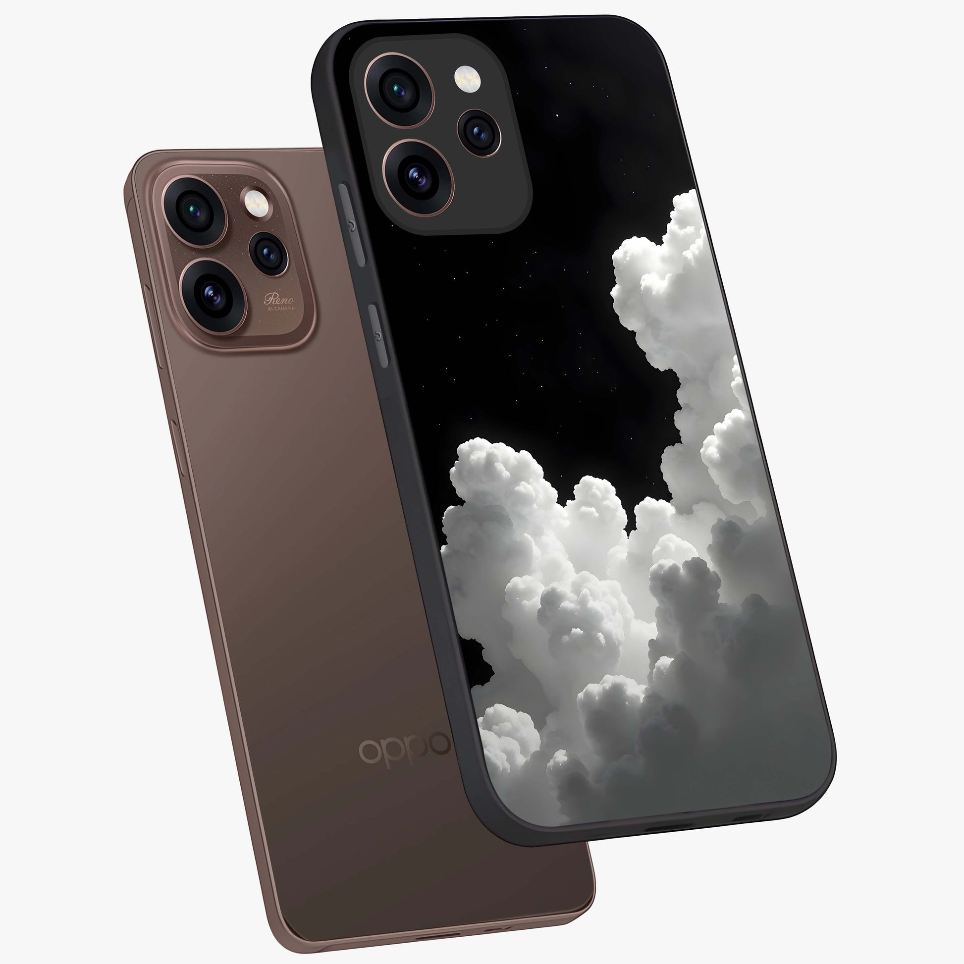 Black Background With White Cloud Glass Case displayed in angled mockup highlighting soft white cloud illustration and minimal design.