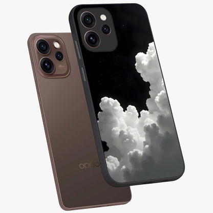Black Background With White Cloud Glass Case displayed in angled mockup highlighting soft white cloud illustration and minimal design.