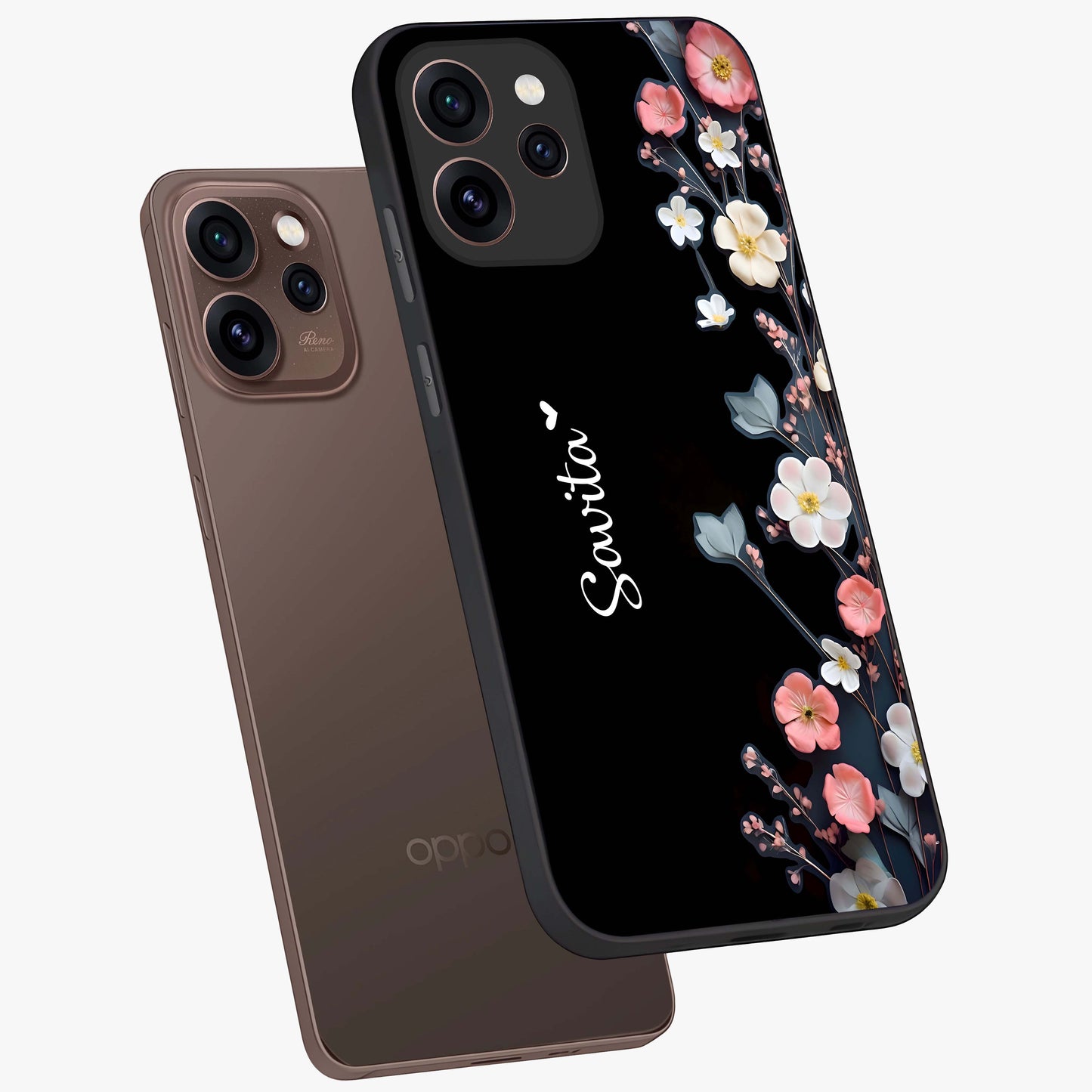 Black Elegance Floral Custom Name Glass Case displayed in angled mockup highlighting dark floral aesthetic and custom name feature.