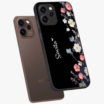 Black Elegance Floral Custom Name Glass Case displayed in angled mockup highlighting dark floral aesthetic and custom name feature.