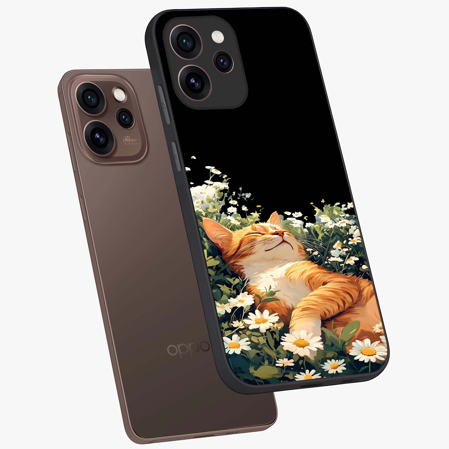 Blissful Bloom Cat Glass Case displayed in angled mockup highlighting playful feline illustration with soft floral aesthetic.