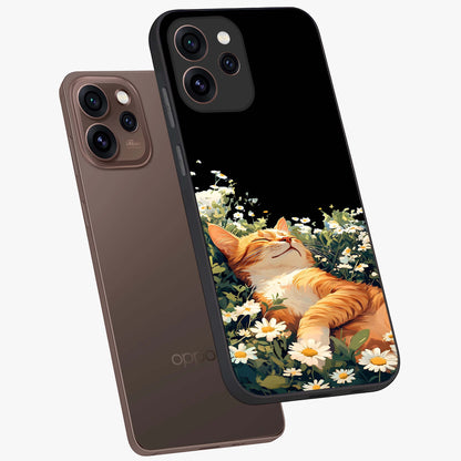 Blissful Bloom Cat Glass Case displayed in angled mockup highlighting playful feline illustration with soft floral aesthetic.
