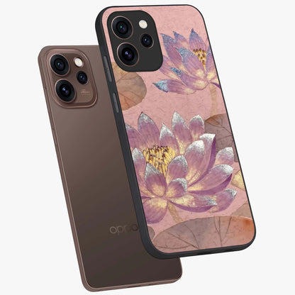 Blossom Mist Lotus Glass Case displayed in angled mockup highlighting delicate lotus illustration with calm aesthetic theme.