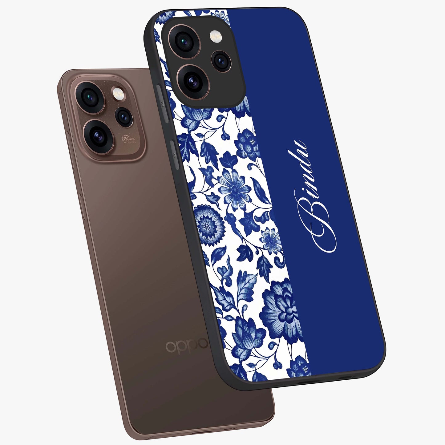 Blue Vintage Floral Pattern Glass Case displayed in angled mockup highlighting subtle bloom pattern with aesthetic pastel design.
