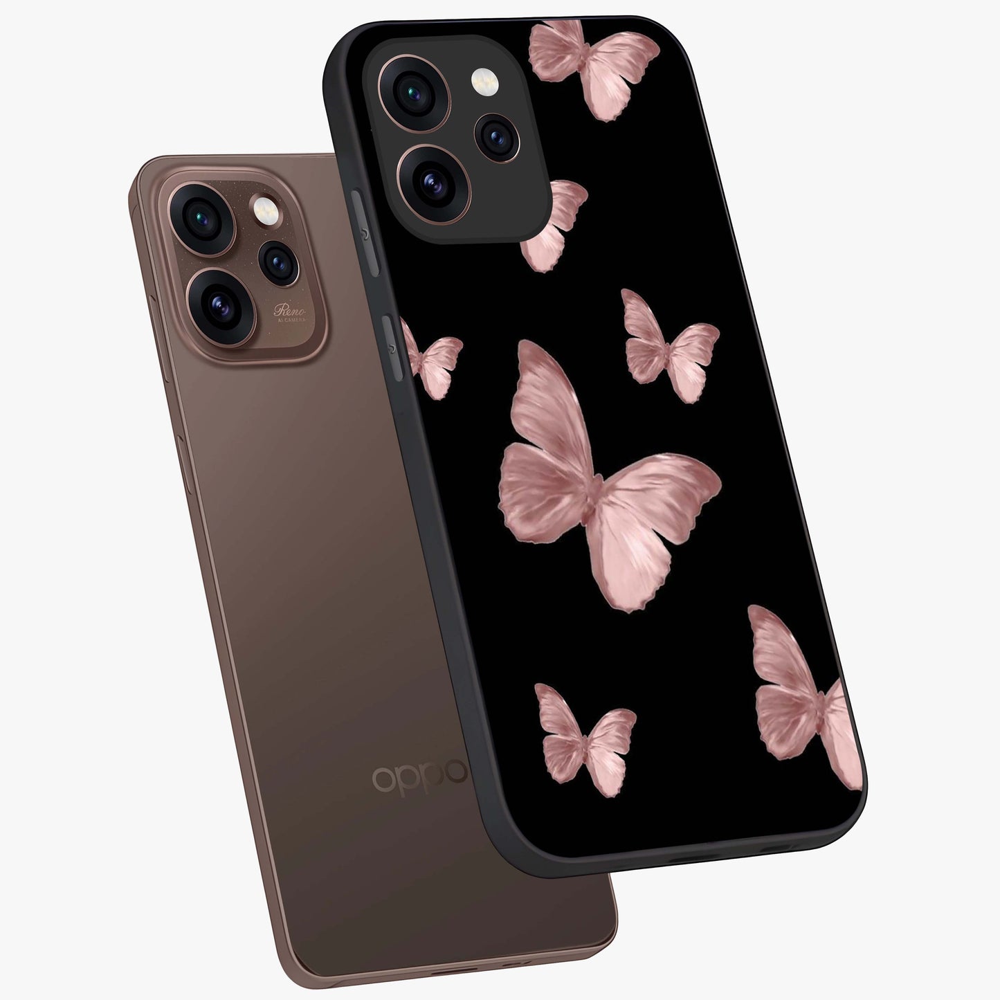 Butterfly Pattern Glass Case displayed in angled mockup highlighting delicate butterfly design and aesthetic pattern style.