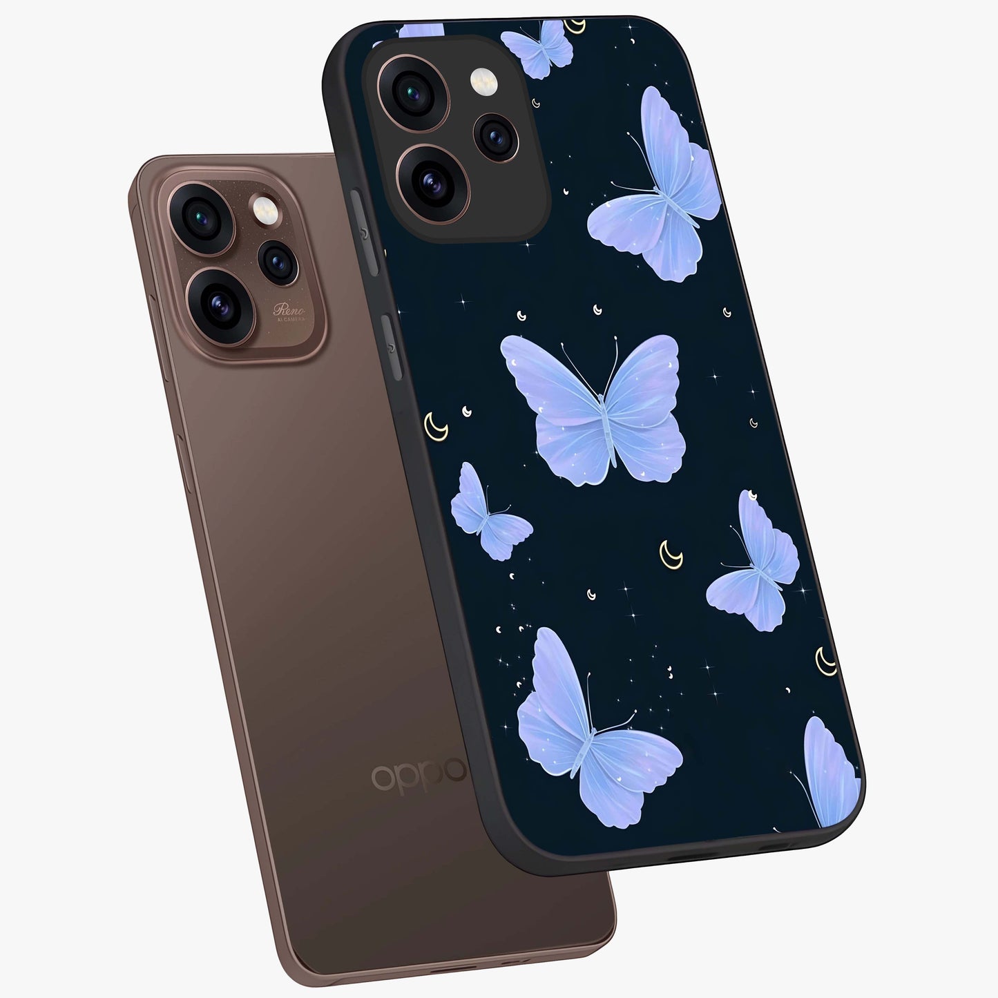 Butterfly With Stars Pattern Glass Case displayed in angled mockup highlighting dreamy butterfly and star design with aesthetic theme.
