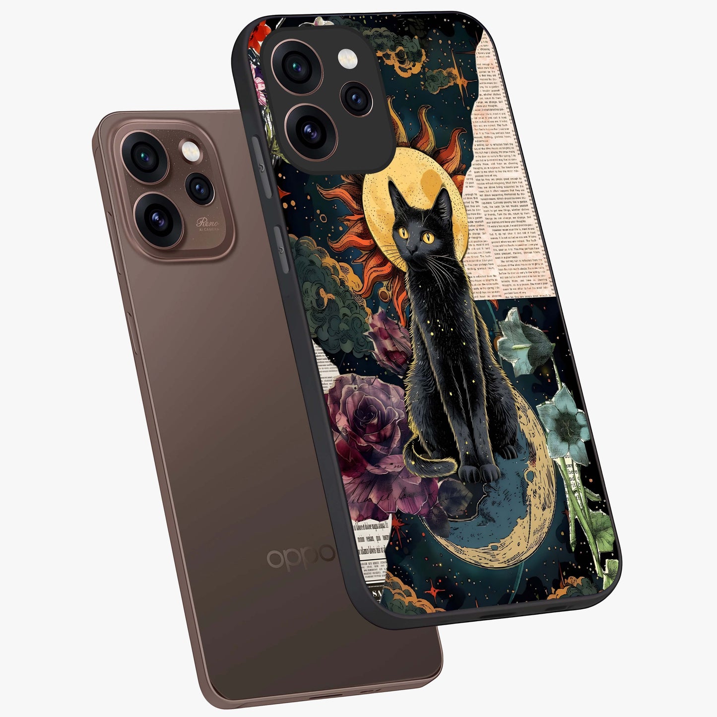 Celestial Black Cat Glass Case displayed in angled mockup highlighting cosmic black cat design with celestial aesthetic.