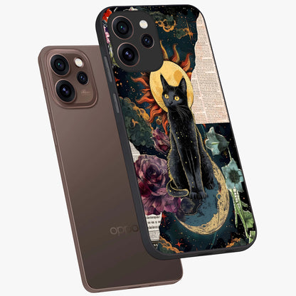 Celestial Black Cat Glass Case displayed in angled mockup highlighting cosmic black cat design with celestial aesthetic.
