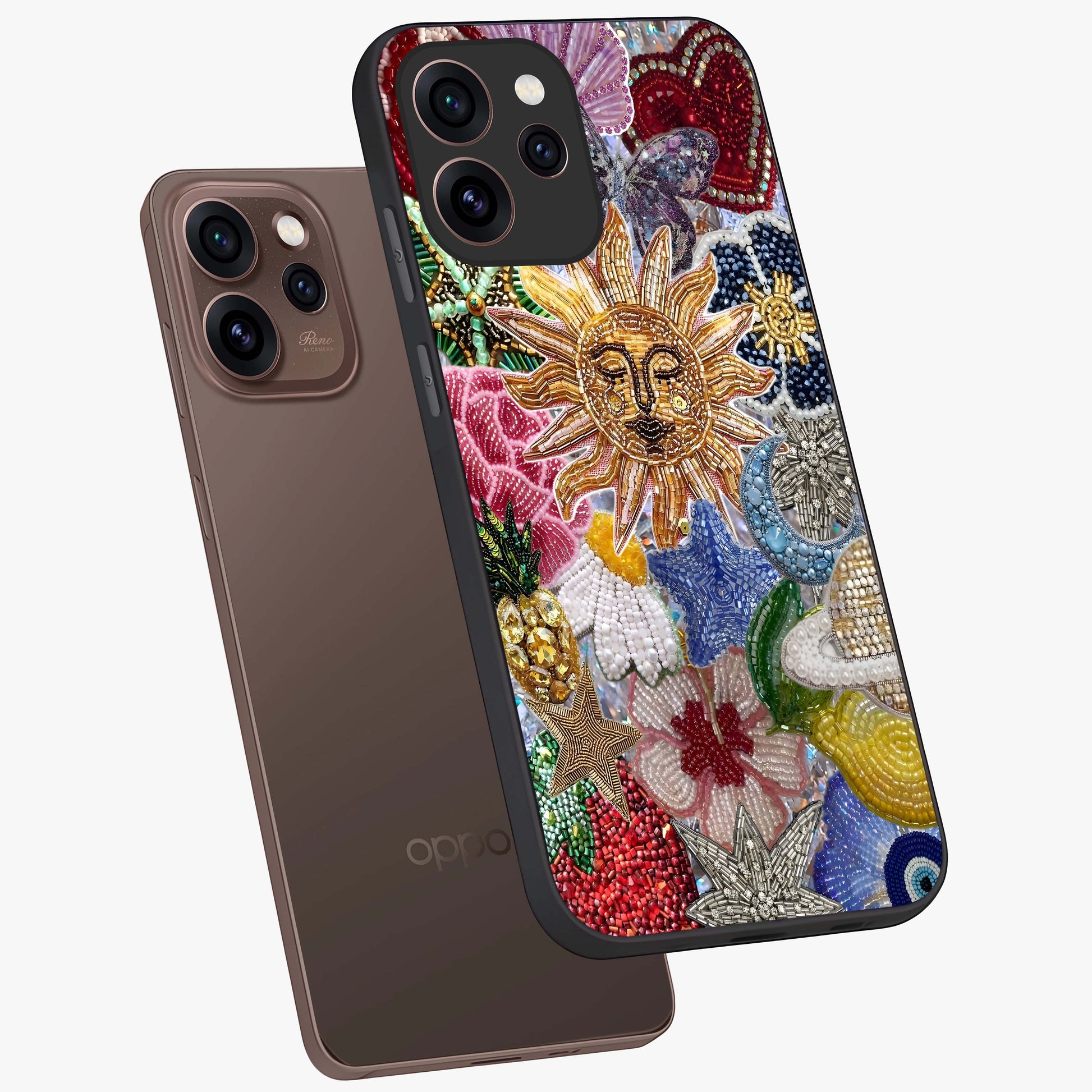 Celestial Floral and Playful Glass Case displayed in angled mockup highlighting playful floral design with dreamy celestial elements.