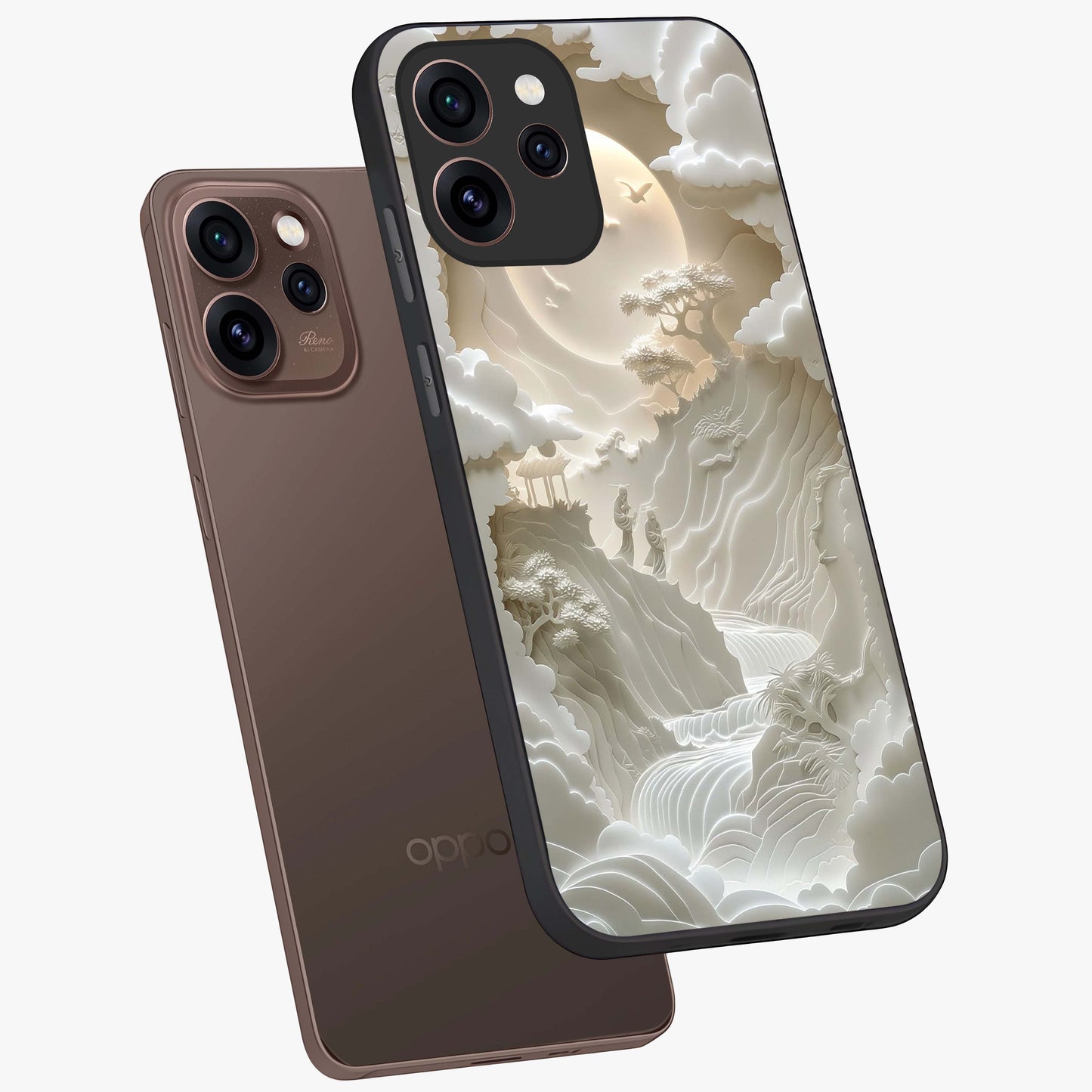 Celestial Origami Glass Case displayed in angled mockup highlighting geometric origami design with cosmic aesthetic theme.