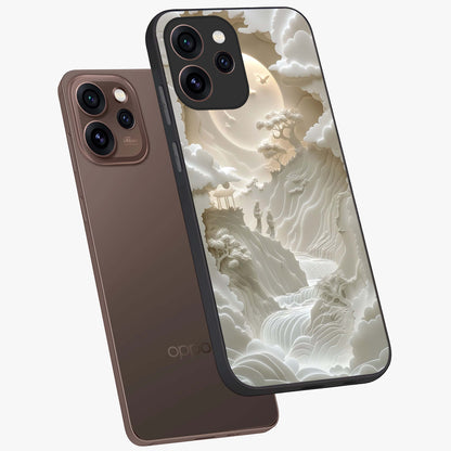 Celestial Origami Glass Case displayed in angled mockup highlighting geometric origami design with cosmic aesthetic theme.