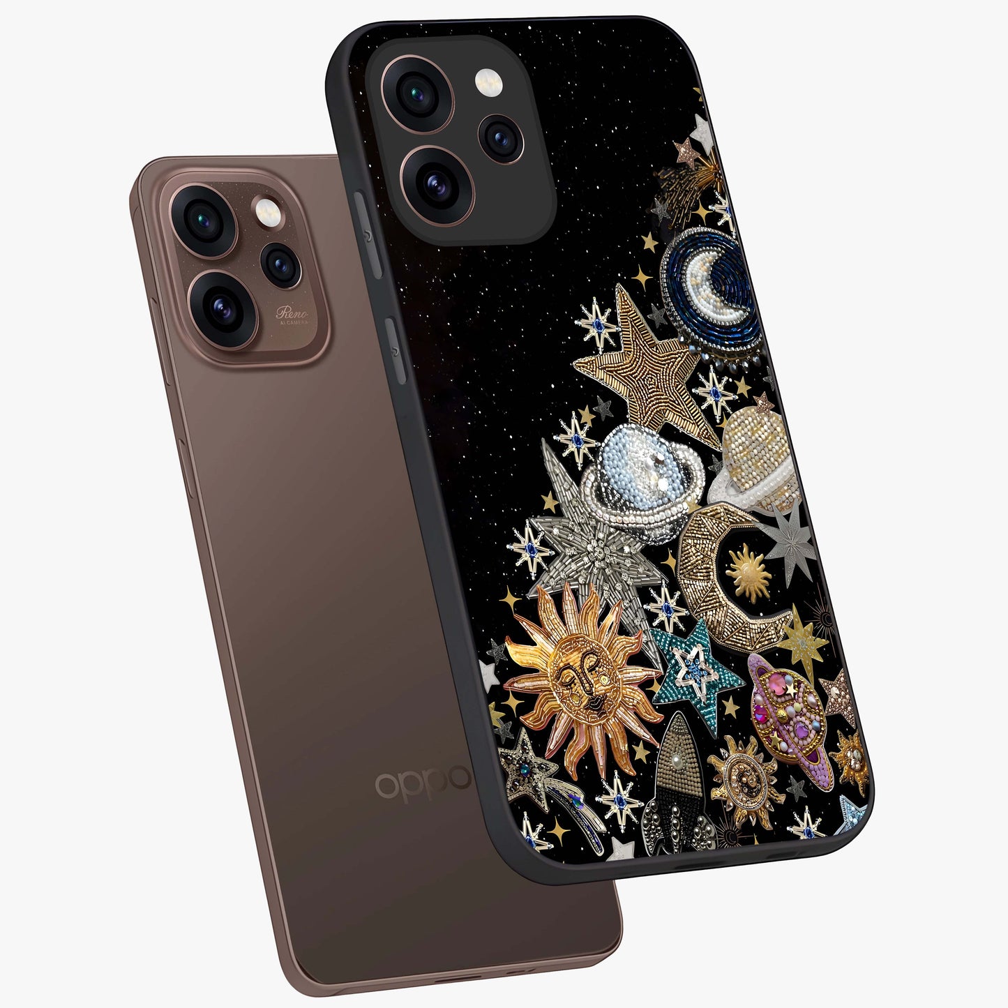 Cosmic Sparkle Dreams Glass Case displayed in angled mockup highlighting dreamy star sparkle design with celestial aesthetic.