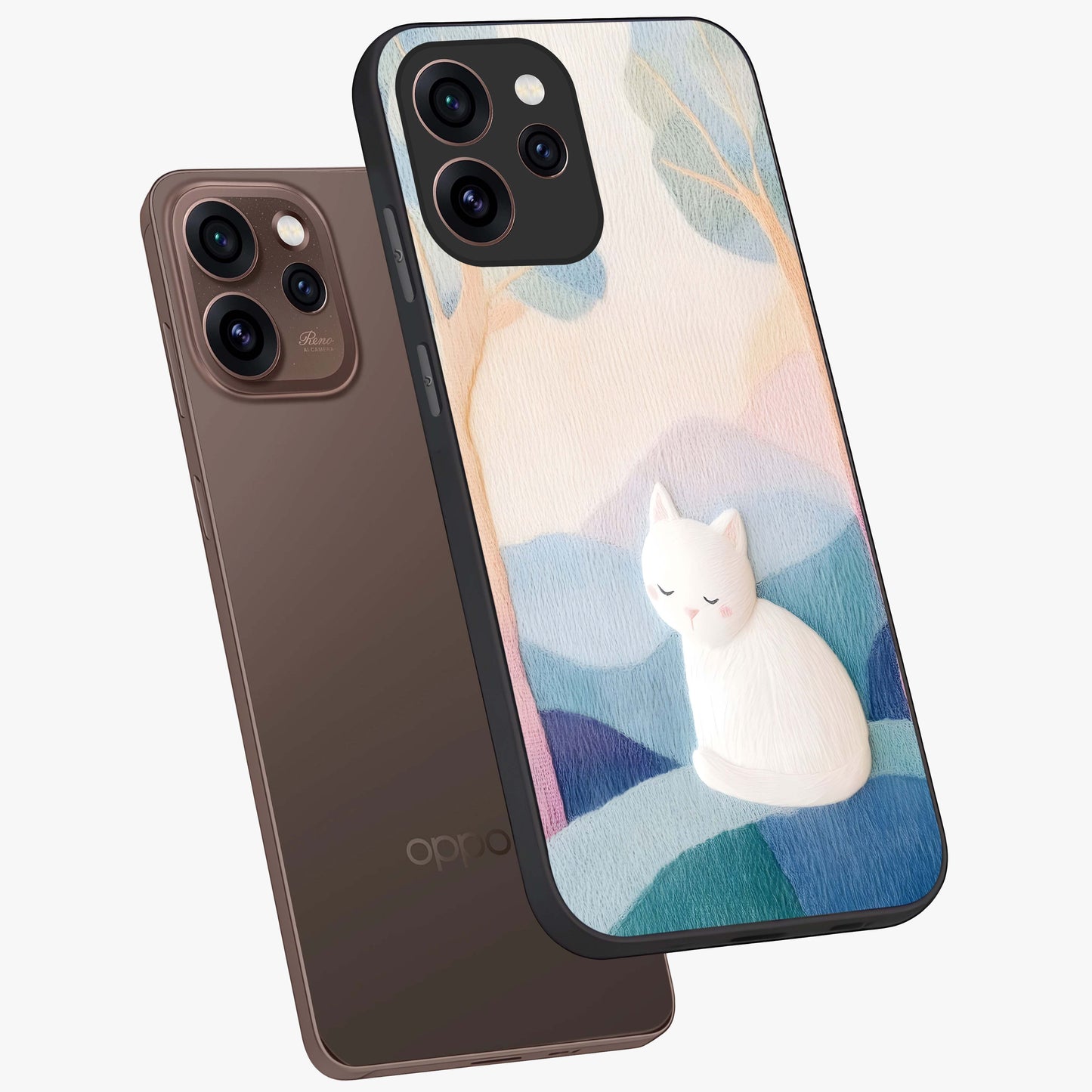 Cotton Dream Cat Glass Case displayed in angled mockup highlighting cute feline illustration with pastel aesthetic style.