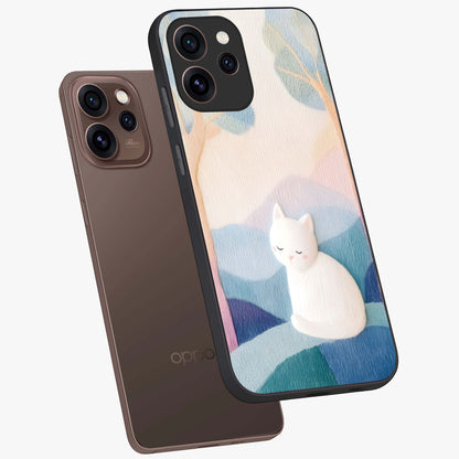 Cotton Dream Cat Glass Case displayed in angled mockup highlighting cute feline illustration with pastel aesthetic style.