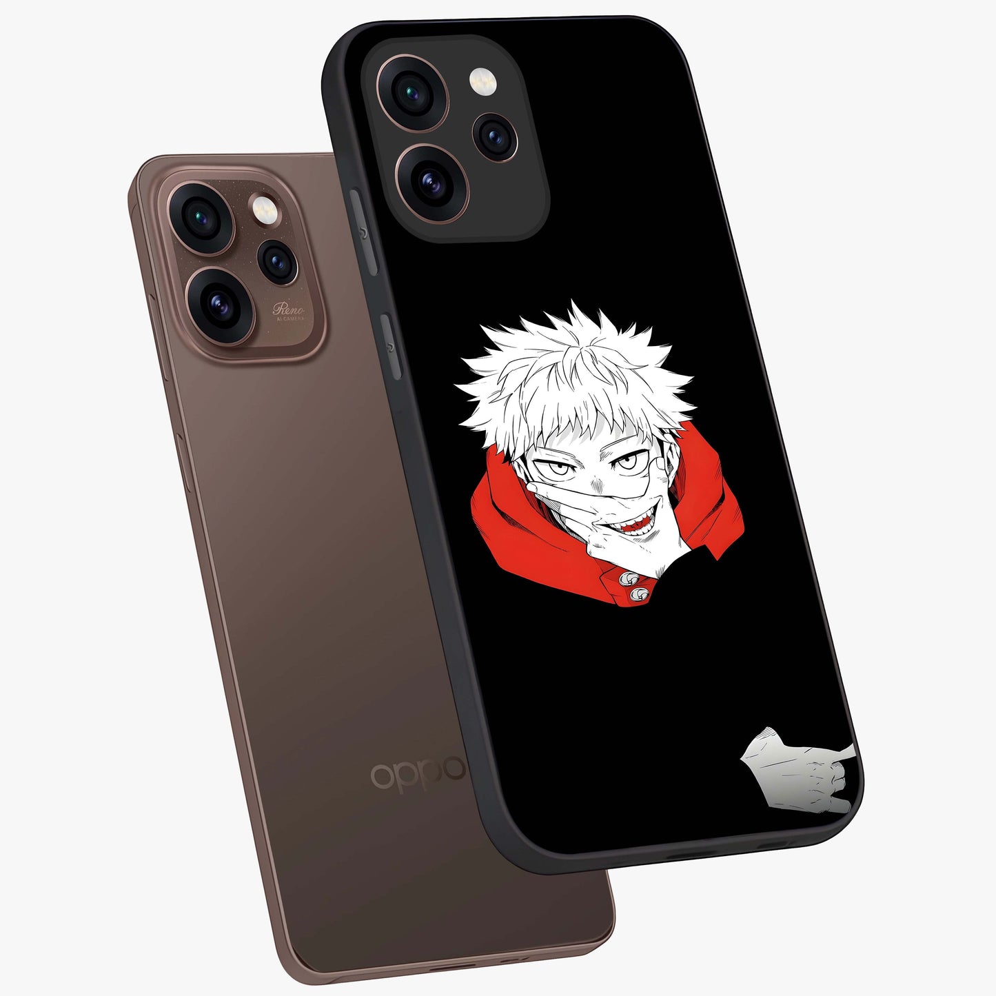 Crimson Chaos Smile Glass Case displayed in angled mockup highlighting edgy crimson smile design with graphic aesthetic.