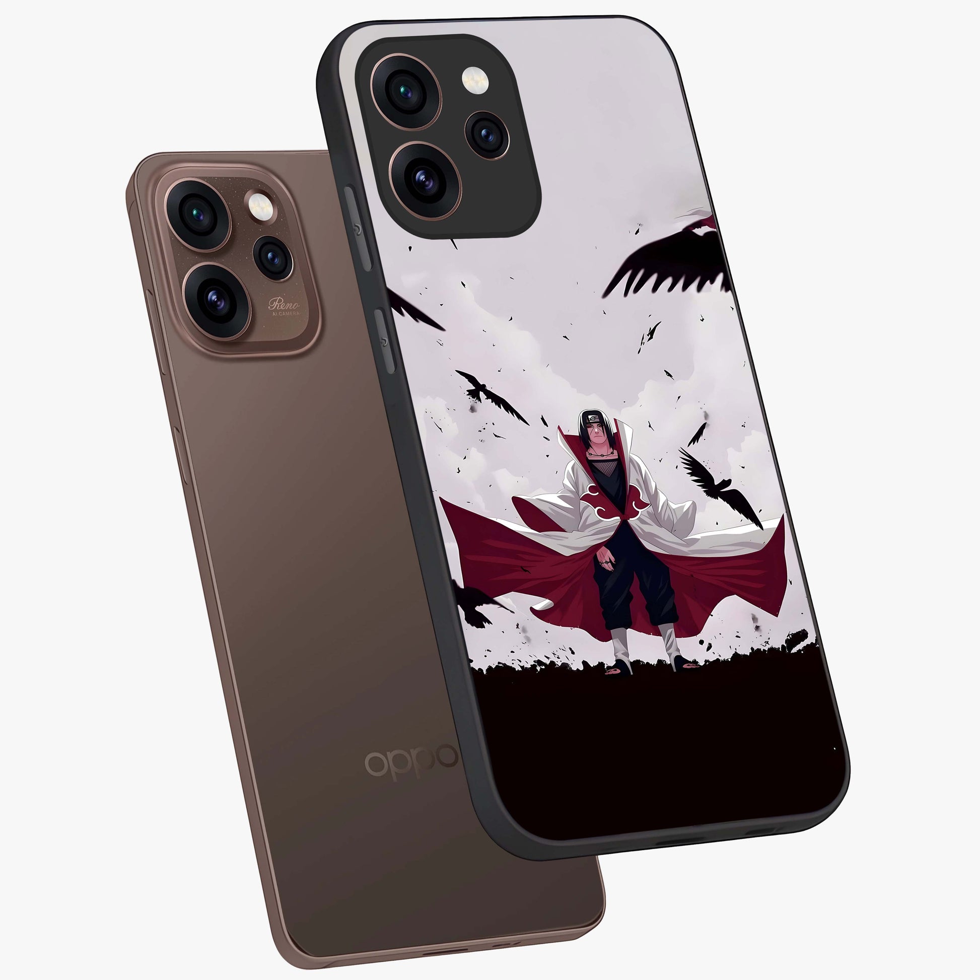 Crimson Crow Ascension Glass Case displayed in angled mockup highlighting powerful crow illustration with dark crimson aesthetic.