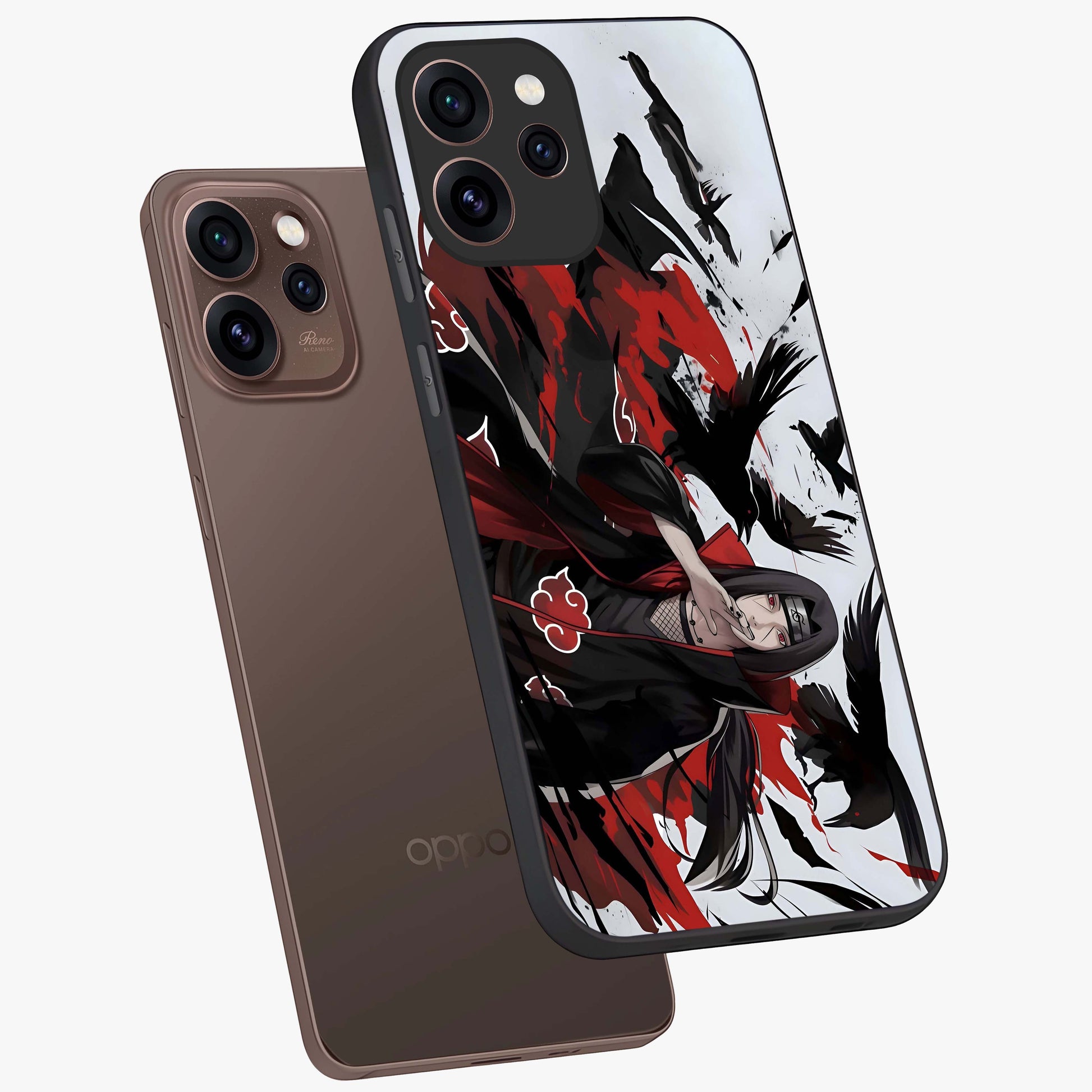 Crimson Crow Illusion Glass Case displayed in angled mockup highlighting mysterious crow graphic with dark aesthetic style.