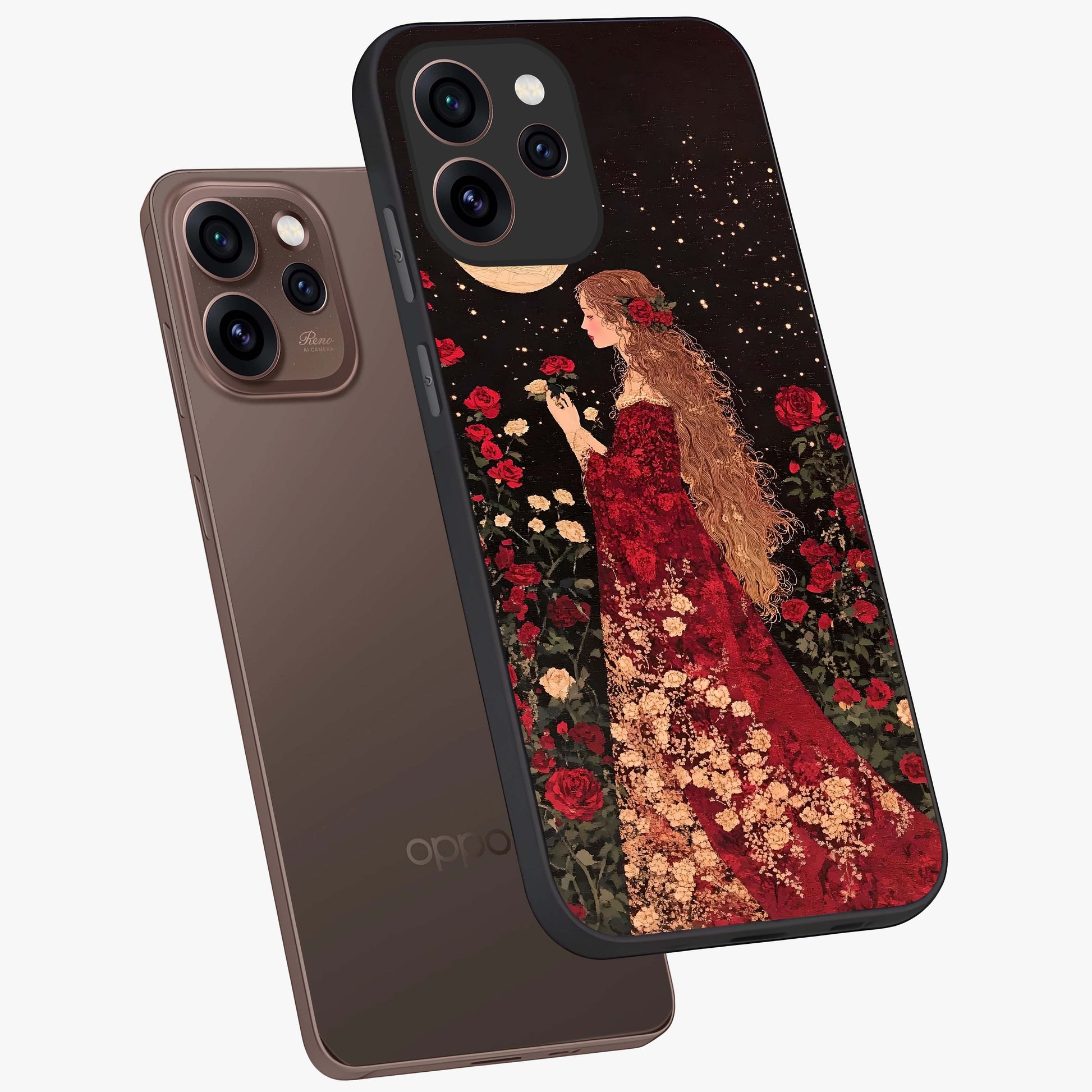 Crimson Dreams Glass Case displayed in angled mockup highlighting soft crimson aesthetic design with artistic theme.