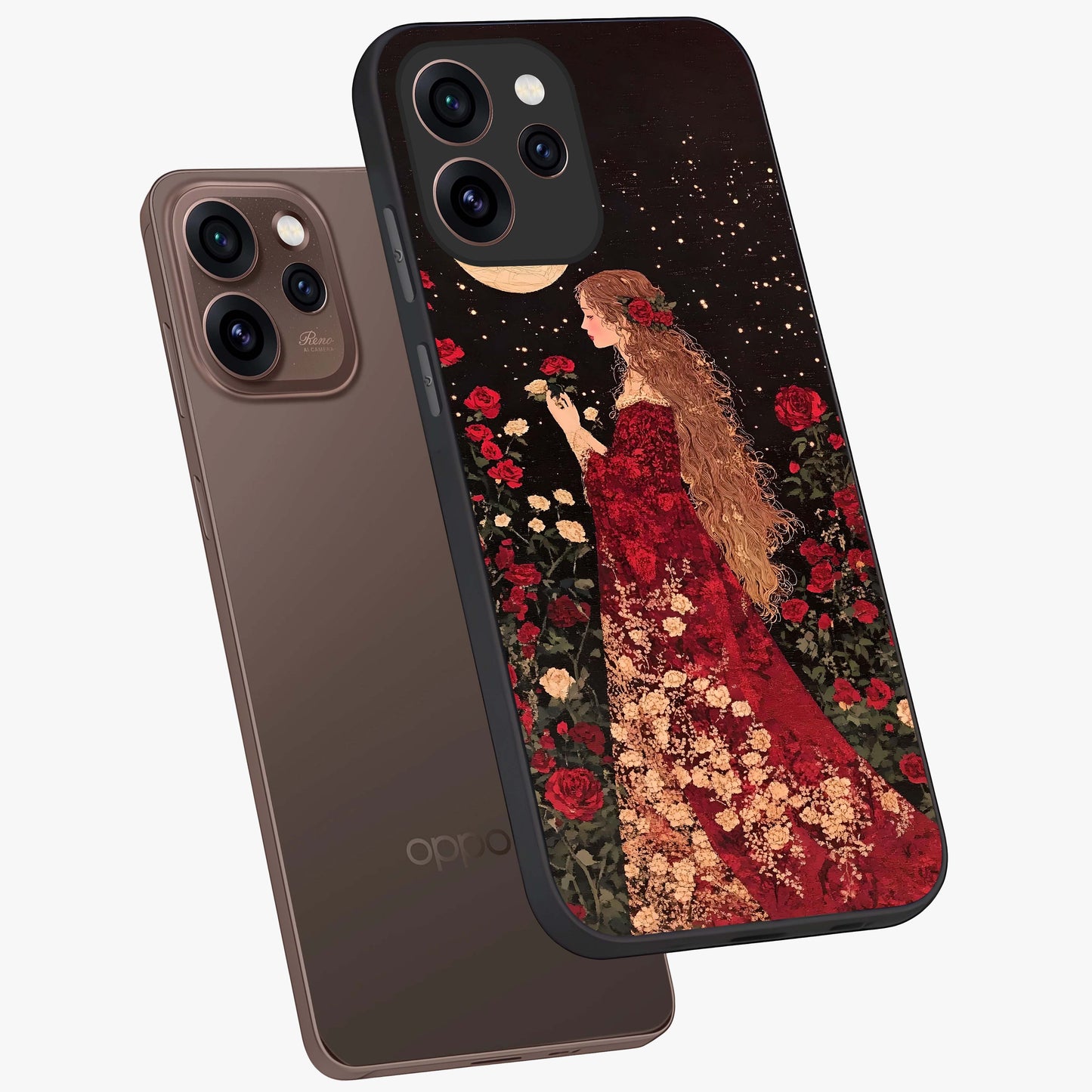 Crimson Dreams Glass Case displayed in angled mockup highlighting soft crimson aesthetic design with artistic theme.