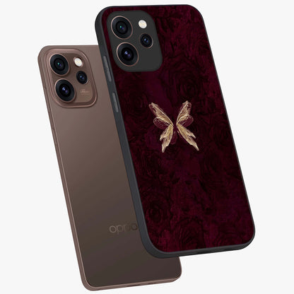Crimson Fade Butterfly Glass Case displayed in angled mockup highlighting elegant butterfly design with crimson gradient aesthetic.