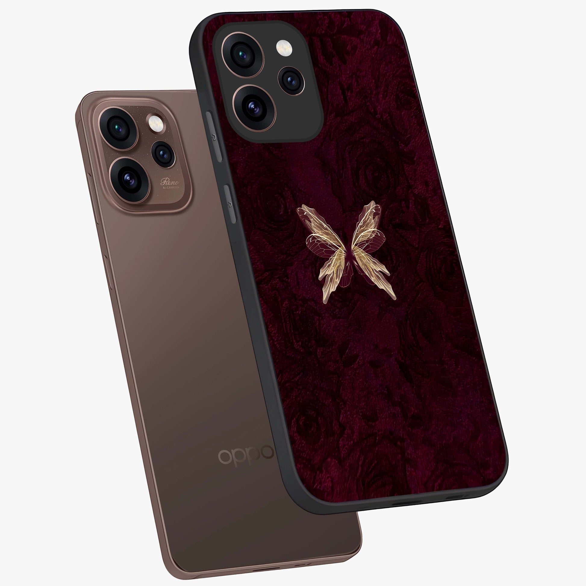Crimson Fade Butterfly Glass Case displayed in angled mockup highlighting elegant butterfly design with crimson gradient aesthetic.