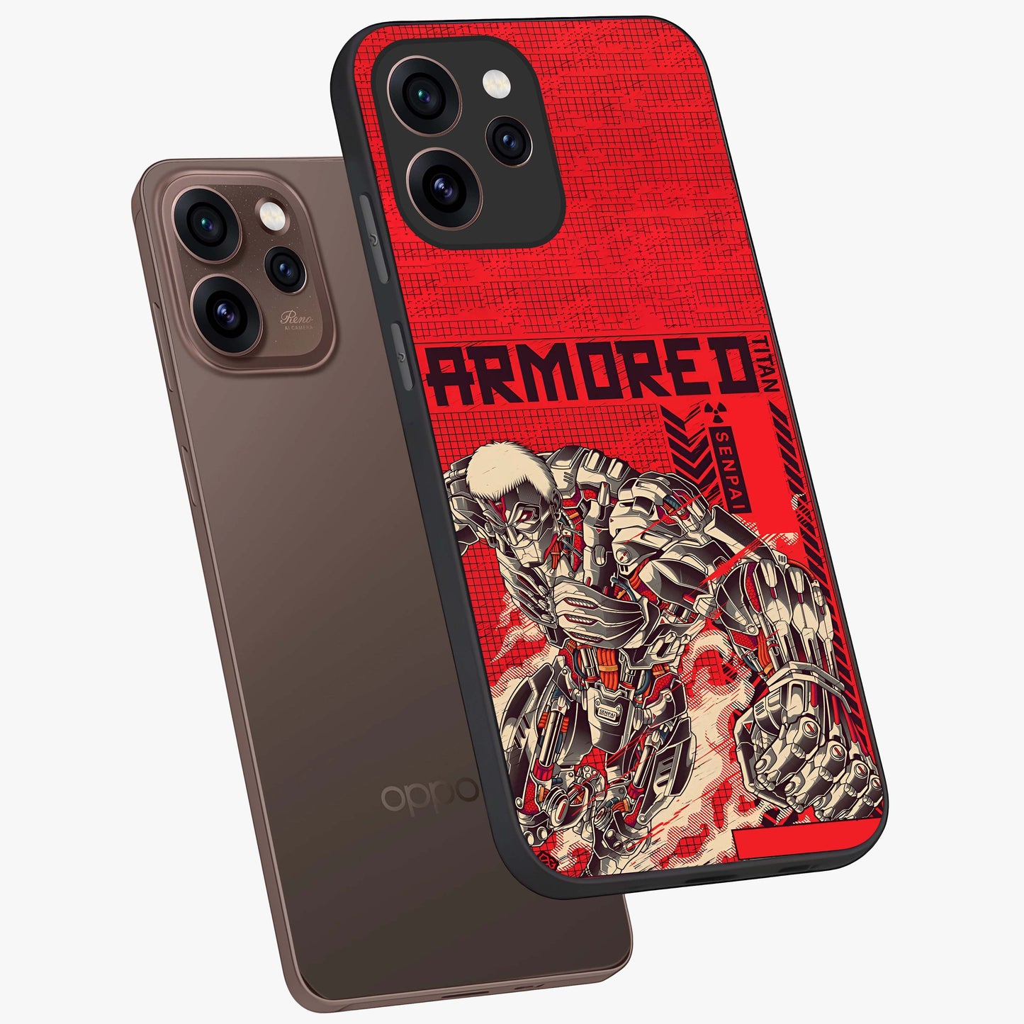 Crimson Mecha Titan Glass Case displayed in angled mockup highlighting futuristic mech illustration with bold crimson aesthetic.