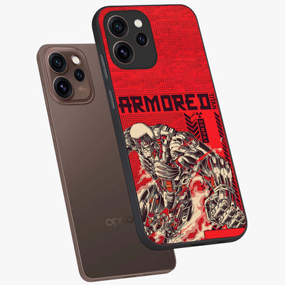Crimson Mecha Titan Glass Case displayed in angled mockup highlighting futuristic mech illustration with bold crimson aesthetic.