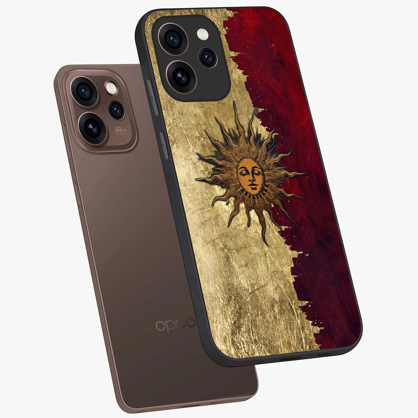 Crimson Sun Majesty Glass Case displayed in angled mockup highlighting majestic crimson sun design with bold aesthetic style.