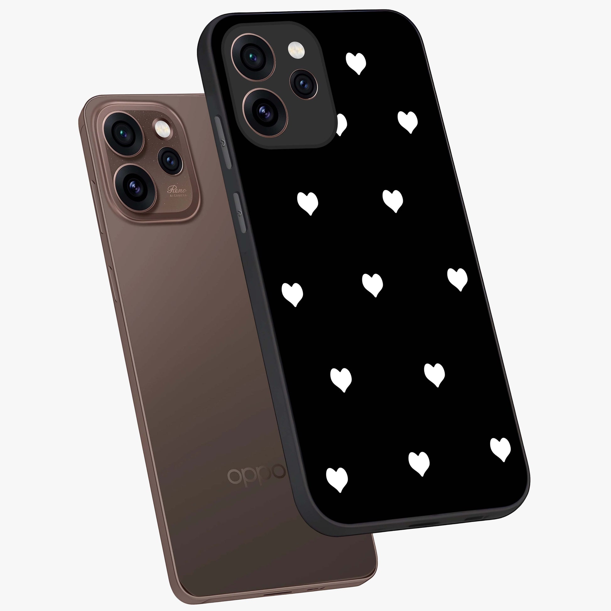 Cute And Simple White Hearts Glass Case displayed in angled mockup highlighting cute heart design with clean aesthetic style.