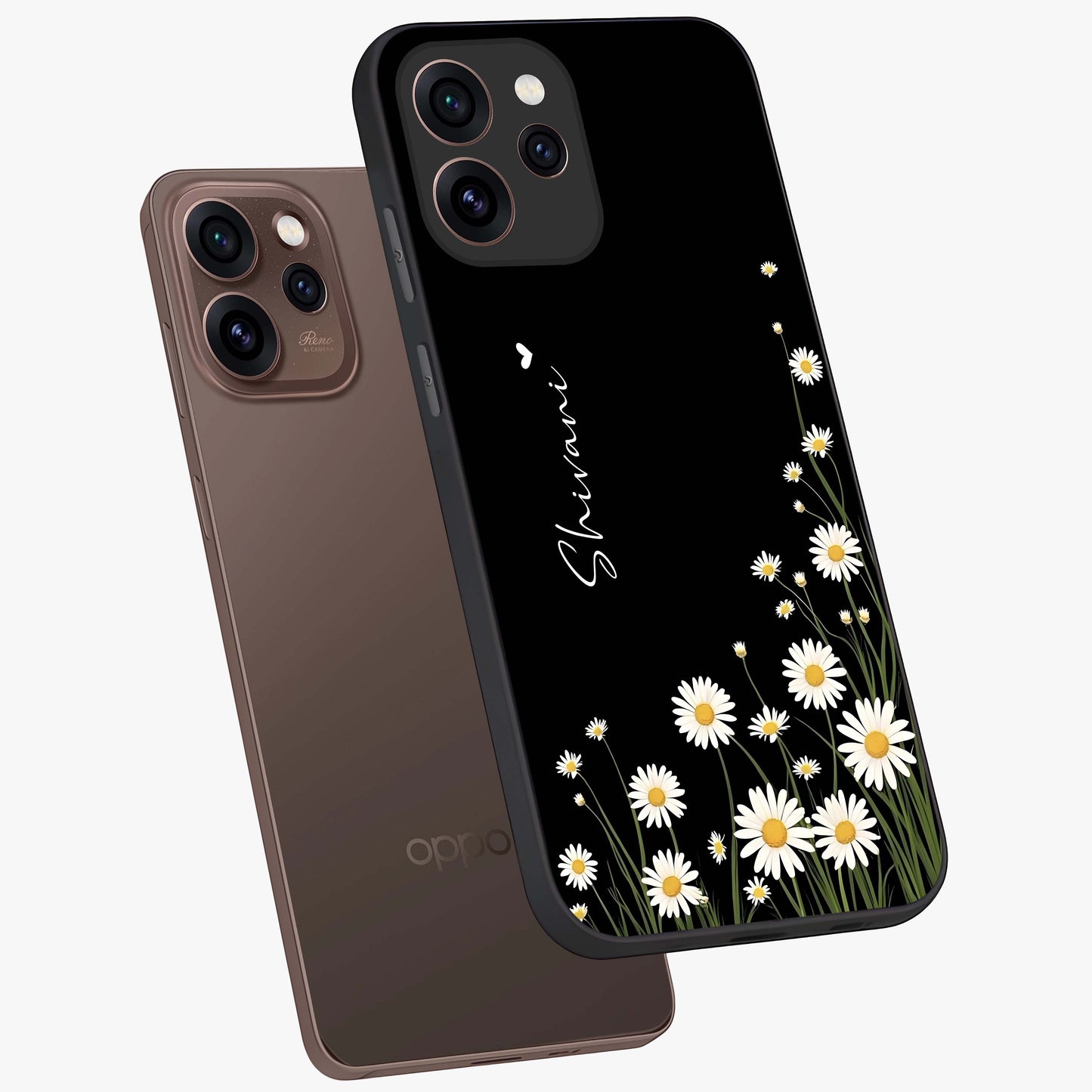 Daisy Cascade Custom Name Glass Case displayed in angled mockup highlighting delicate daisy artwork with custom name feature.