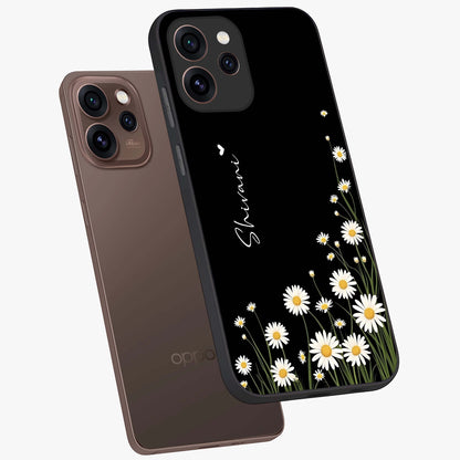 Daisy Cascade Custom Name Glass Case displayed in angled mockup highlighting delicate daisy artwork with custom name feature.