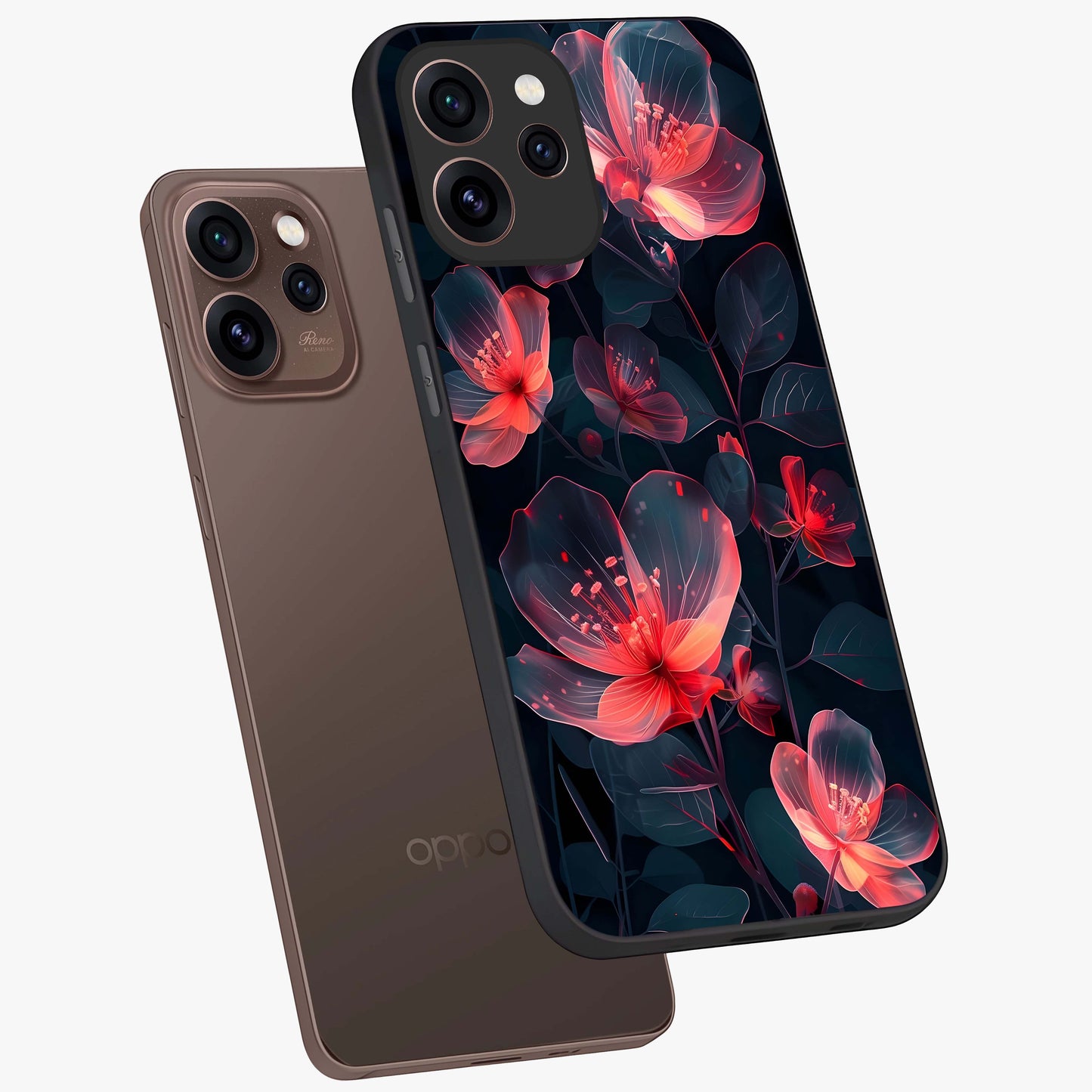Dark Shade of Flower Glass Case displayed in angled mockup highlighting moody floral illustration with aesthetic dark tones.