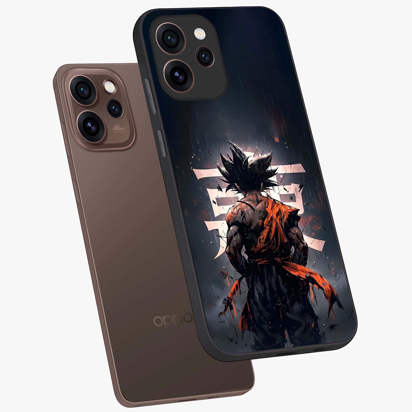 Dark Warrior In Rain Glass Case displayed in angled mockup highlighting dramatic warrior illustration with dark rain aesthetic.