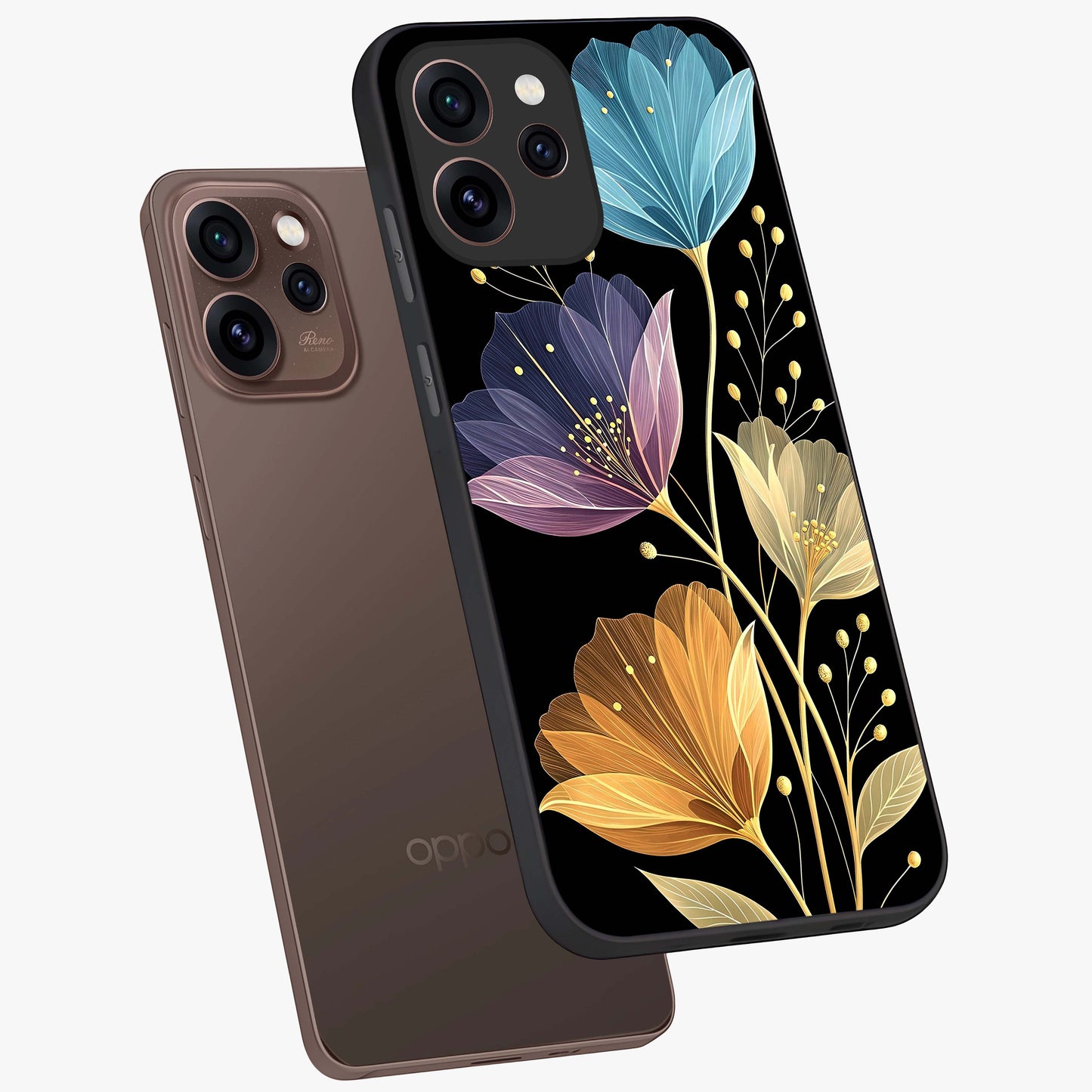 Delicate Multicolor Flowers Glass Case displayed in angled mockup highlighting colorful flower pattern with soft aesthetic style.