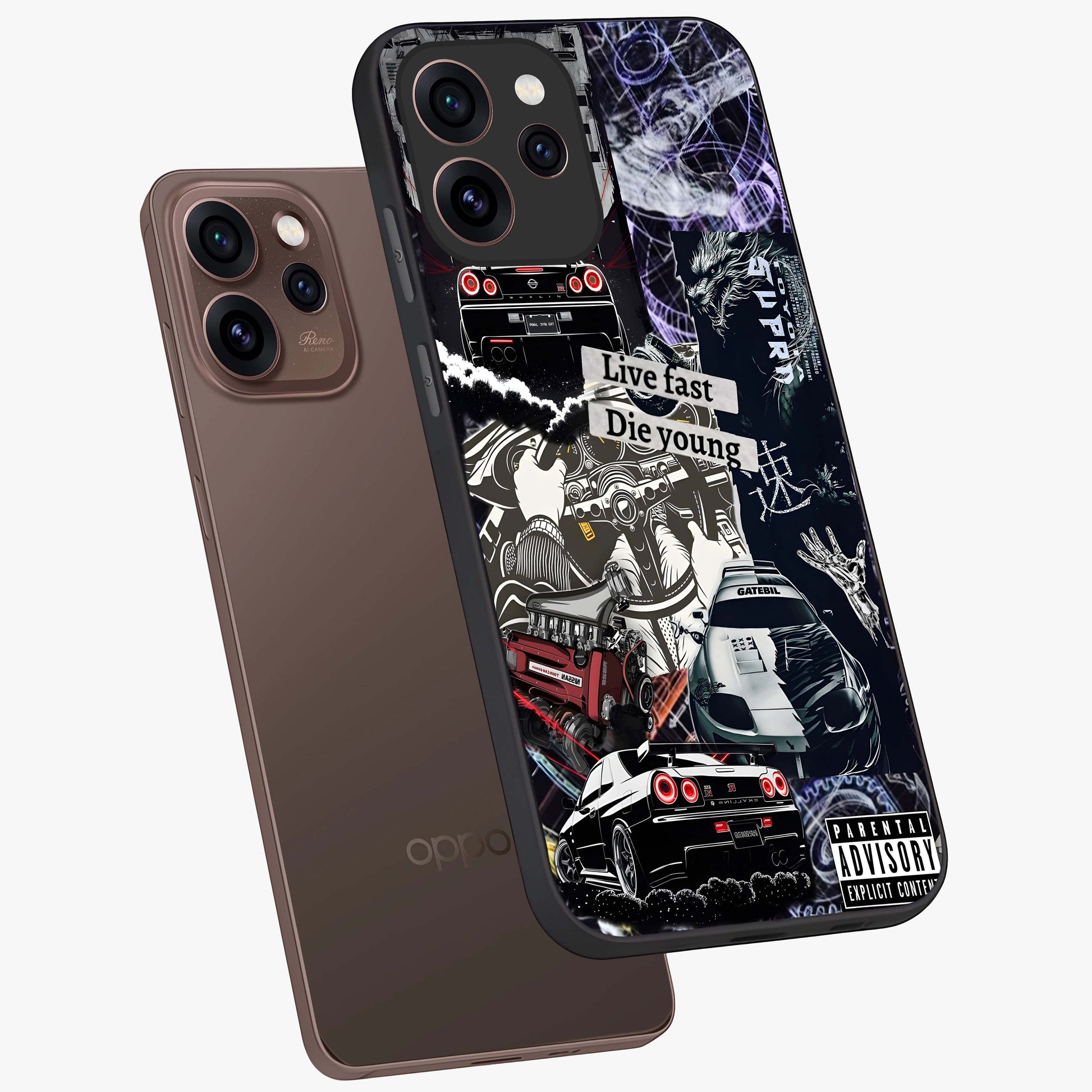 Die Young Glass Case displayed in angled mockup highlighting expressive graphic artwork with edgy aesthetic style.