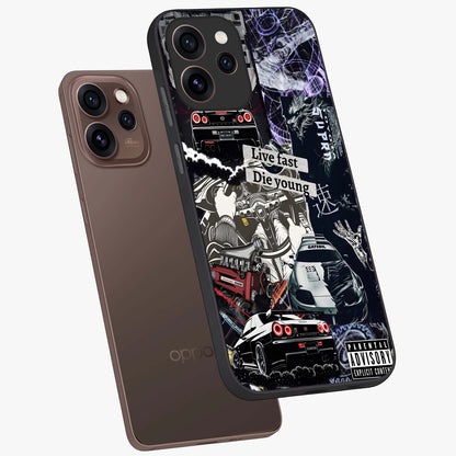 Die Young Glass Case displayed in angled mockup highlighting expressive graphic artwork with edgy aesthetic style.