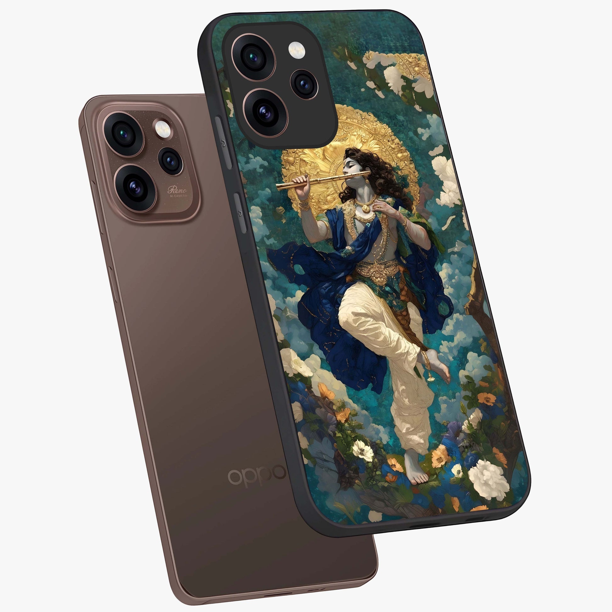 Divine Krishna Art Glass Case displayed in angled mockup highlighting spiritual Krishna illustration with devotional aesthetic.