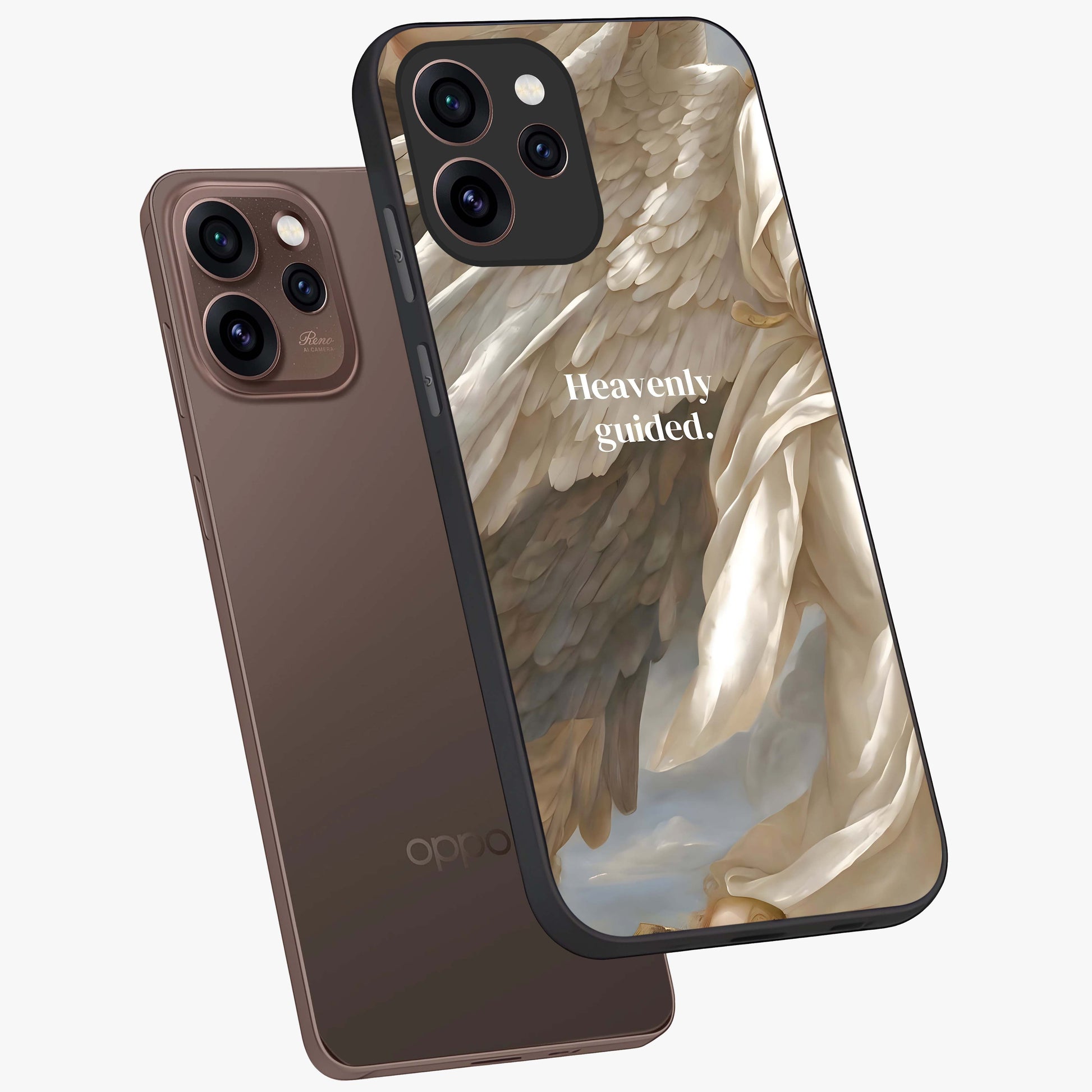 Divine Winged Grace Glass Case displayed in angled mockup highlighting graceful wing design with divine aesthetic style.